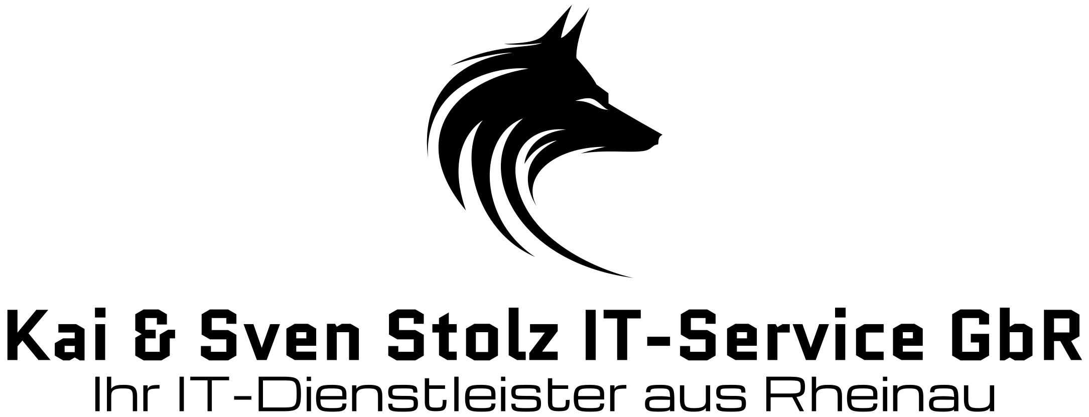 Logo oben von Kai & Sven Stolz IT-Service Rheinau GbR. Zu sehen ist ein Wolf oberhalb der Firmenbezeichnung